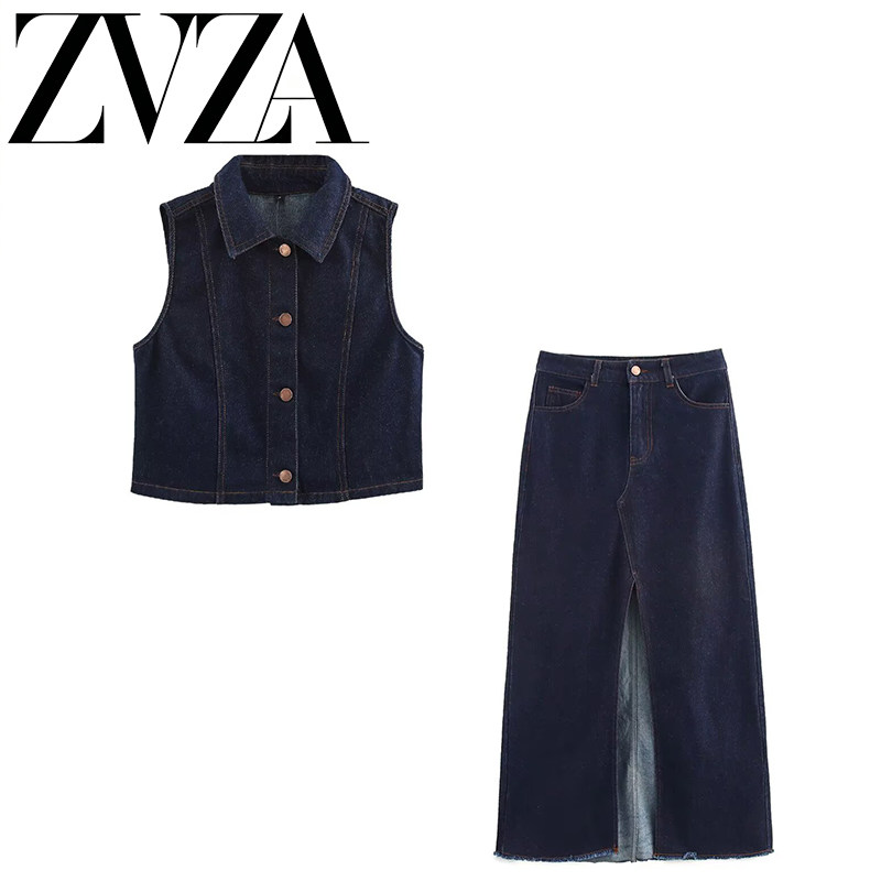 ZA 夏季新款 ZV女装 欧美风 时尚牛仔背心+迷笛牛仔裙套装8228024