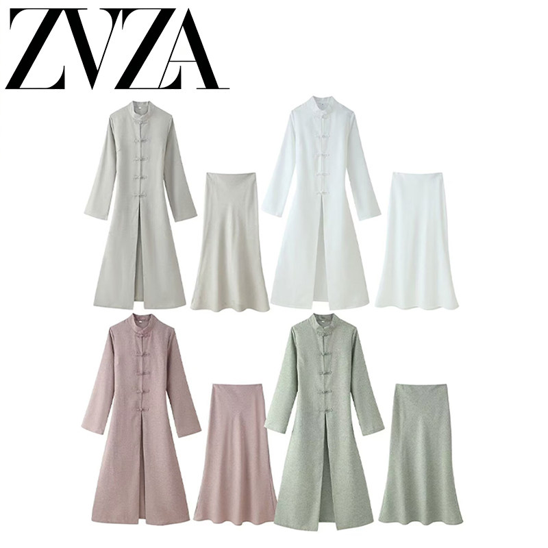 ZA 夏季新款 ZV女装 欧美风 时尚款四色盘扣立领长袍半裙两件套装