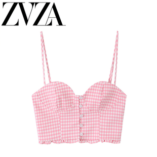 ZA 夏季新款 ZV女装 欧美风 时尚百搭款心形领小格纹上衣3067067