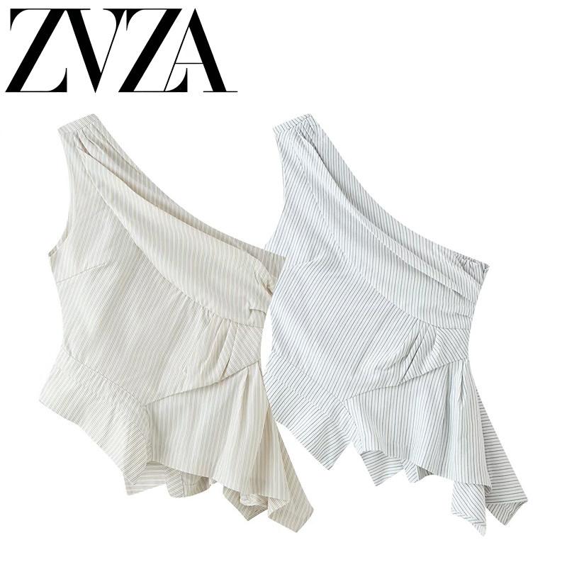 ZA 夏季新款 ZV女装 欧美风 时尚百搭款不规则条纹无袖露肩上衣