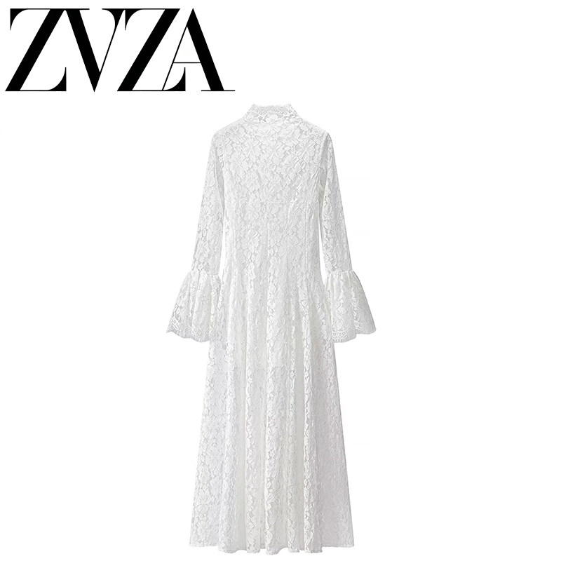 ZA 夏季新款 ZV女装 欧美风 时尚 简约立领蕾丝拼接喇叭袖连衣裙