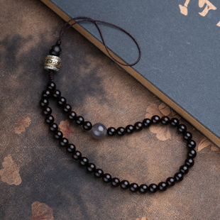 印度小叶紫檀6mm烟灰玛瑙手机挂链硬绳搭六字真言桶珠绕腕念珠