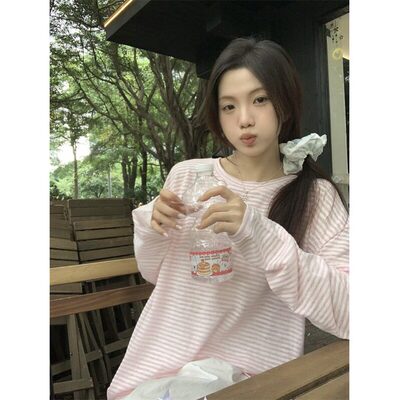 宅女家慵懒风圆领撞色条纹长袖T恤女春季百搭宽松显瘦休闲上衣