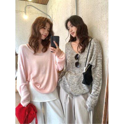 宅女家简约风纯色软糯V领长袖T恤女装春季气质休闲显瘦防晒上衣