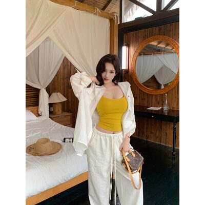 宅女家慵懒风长袖宽松衬衫内搭背心吊带女春季休闲裤长裤三件套