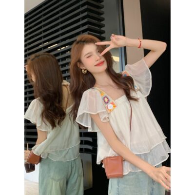 度假风气质显瘦减龄百搭韩版薄款雪纺衫夏季爆款甜美小飞袖背心女