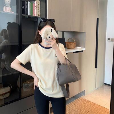 休闲正肩短袖半袖针织圆领宽松套头T恤拼色设计感小众上衣女