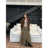 套装 复古麂皮绒长袖 时尚 外套内搭T恤女春季 格纹半身裙三件套 西装