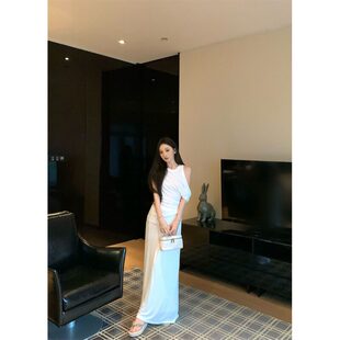 米白色套装修身气质短袖T恤上衣女春季开叉半身裙包臀裙子两件套