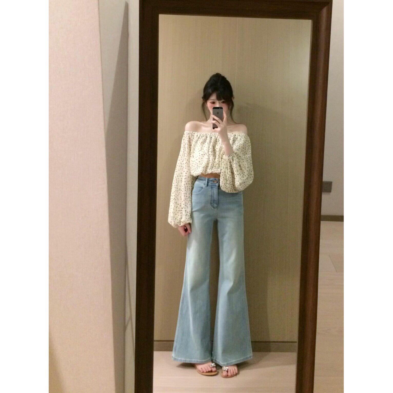 宅女家时尚套装一字肩波点长袖衬衫女春季高腰显瘦牛仔裤两件套