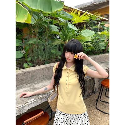 宅女家自制减龄黄色娃娃领短袖T恤女春季新款chic显瘦外穿上衣