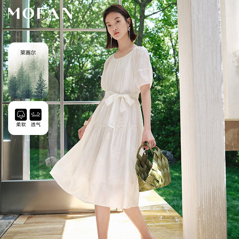 MOFAN摩凡夏新款米色花纹连衣裙