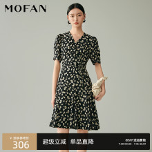 MOFAN摩凡夏款黑色碎花A字裙V领高腰显瘦连衣裙子