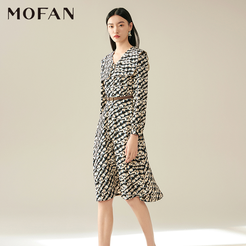 MOFAN摩凡秋新款咖色花纹连衣裙
