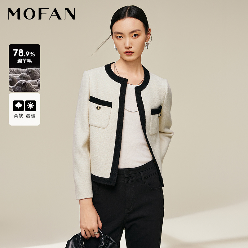 MOFAN摩凡冬新款米白毛呢外套