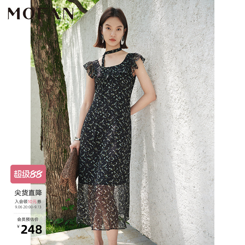 MOFAN摩凡夏新款黑底蓝花连衣裙图片