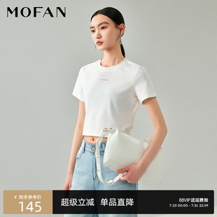 简约白色短袖 字母设计感休闲上衣 T恤女短款 MOFAN摩凡2025夏新款