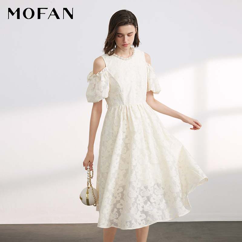 MOFAN摩凡夏新款米色花纹连衣裙