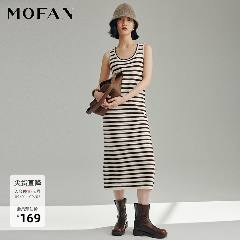 MOFAN摩凡秋新款米咖条纹连衣裙图片