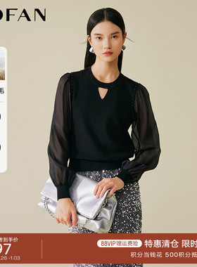 MOFAN摩凡春秋款款黑色绵羊毛混纺毛衣女拼接袖设计感针织衫显瘦