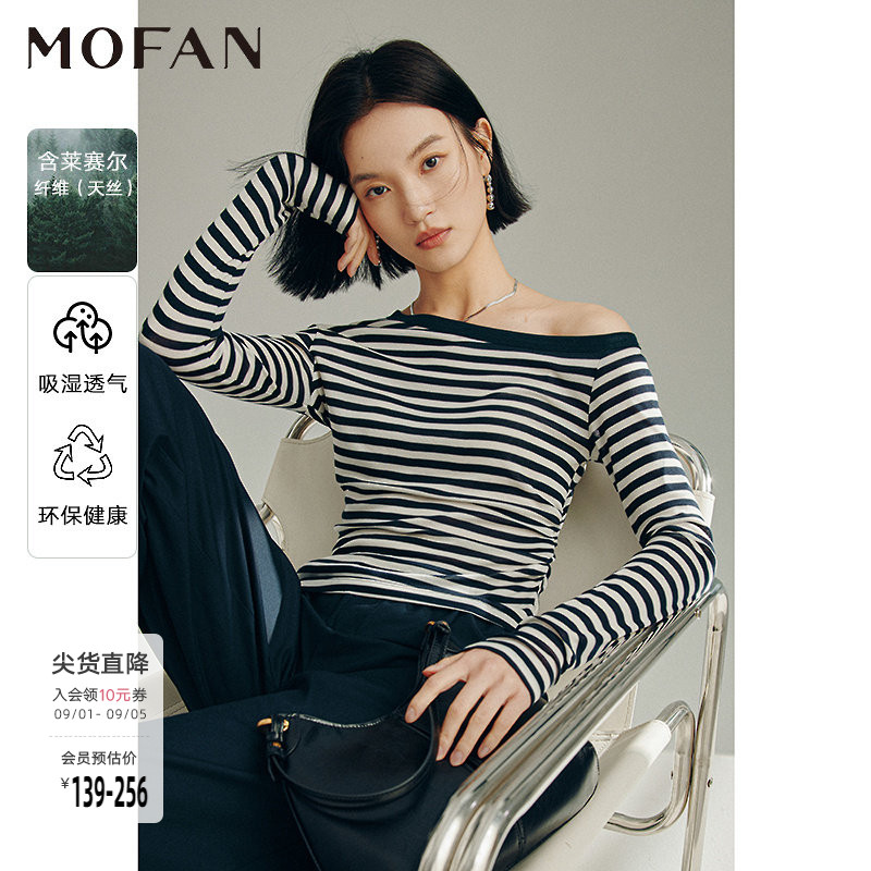 藏青条纹斜肩显瘦百搭T恤图片