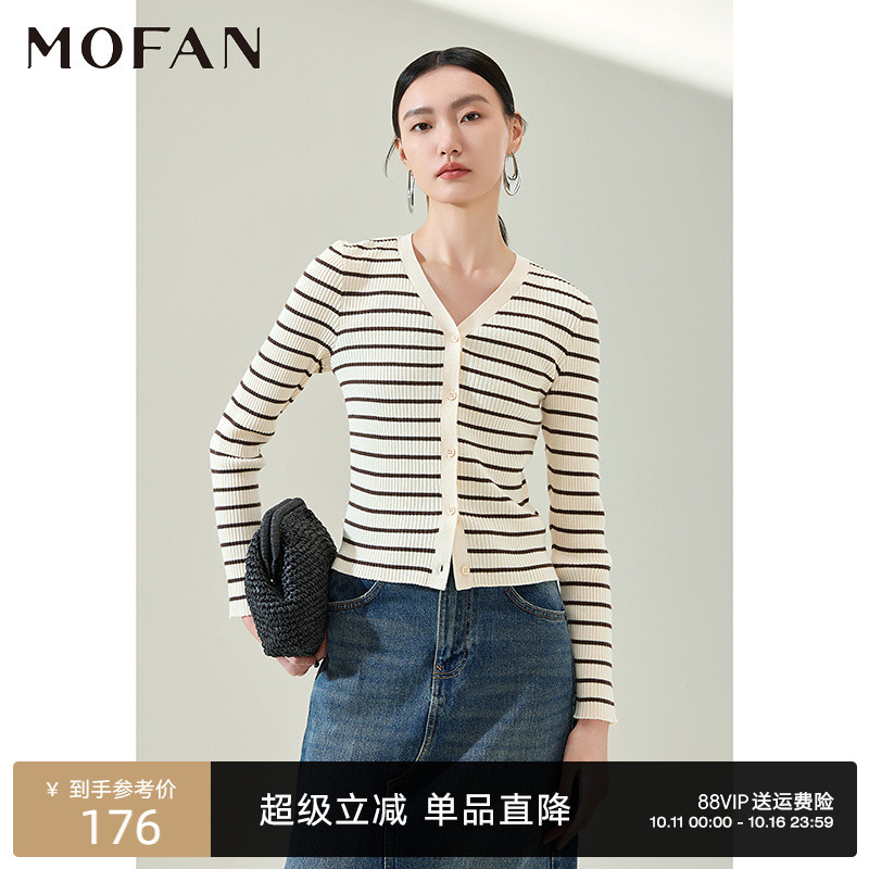 MOFAN摩凡春新款咖条纹毛针织衫
