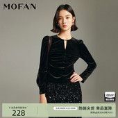 上衣 女MOFAN摩凡春秋小开口设计女式 黑色泡泡袖 圆领褶皱小衫