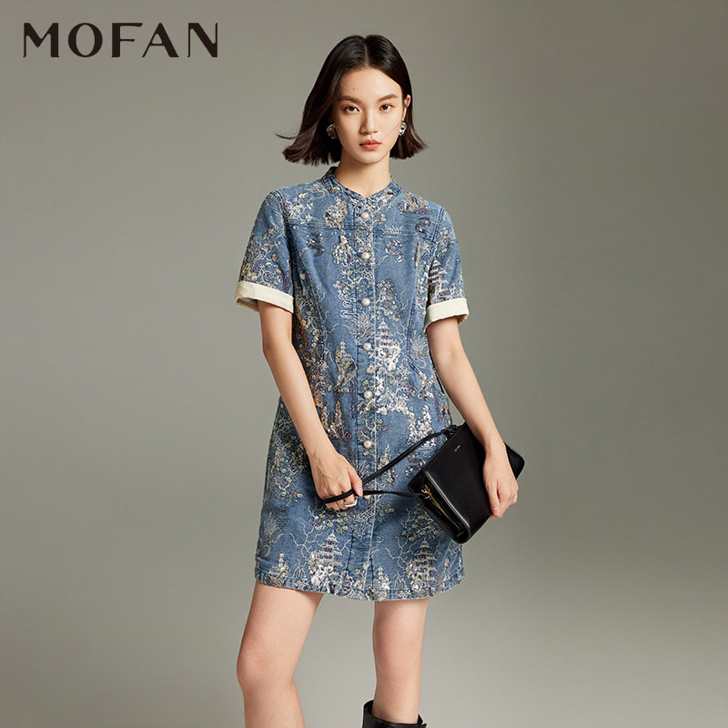 新中式旗袍裙国风刺绣MOFAN摩凡冬款复古蓝色立领显瘦连衣裙