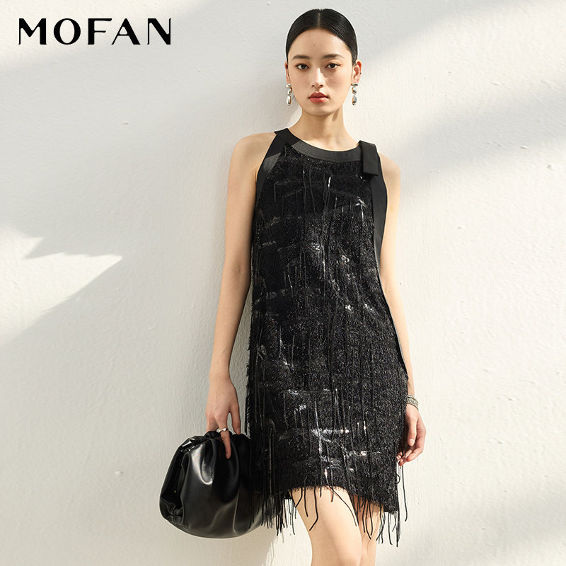 MOFAN黑色轻奢无袖流苏小黑裙图片