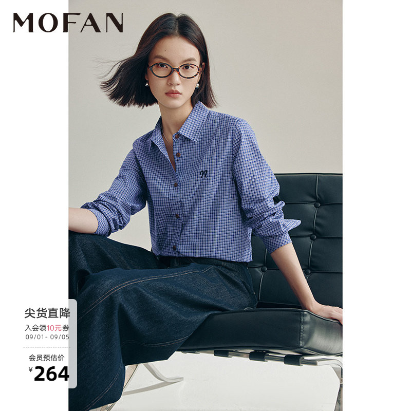 MOFAN摩凡复古蓝格纹100%棉衬衫图片