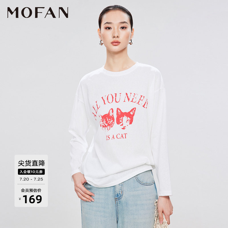 时尚字母印花设计猫咪T恤女MOFAN摩凡2026夏新款白色落肩休闲上衣