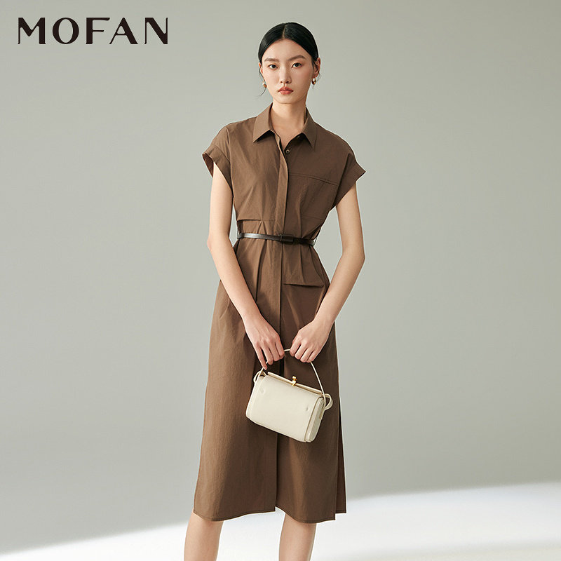 MOFAN摩凡夏装新款焦糖咖啡小翻领衬衫连衣裙显瘦