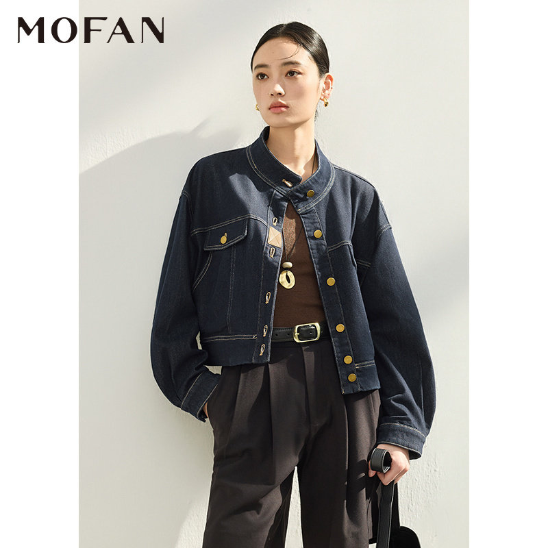 MOFAN时髦立领复古做旧牛仔外套图片