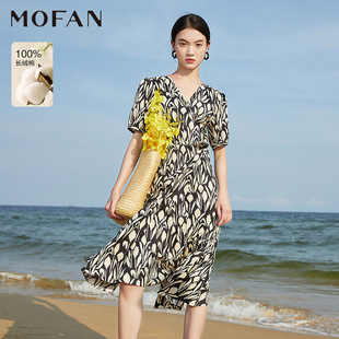 MOFAN摩凡甜美泡泡袖茶歇裙春夏黑白花纹高腰显瘦荷叶边连衣裙