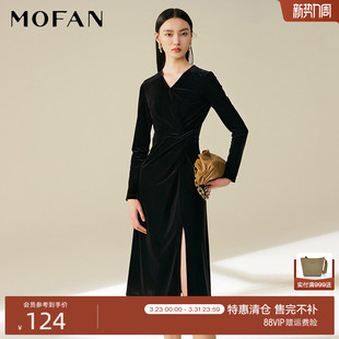 MOFAN摩凡优雅V领丝绒连衣裙秋冬款 黑色开衩收腰连衣裙显瘦