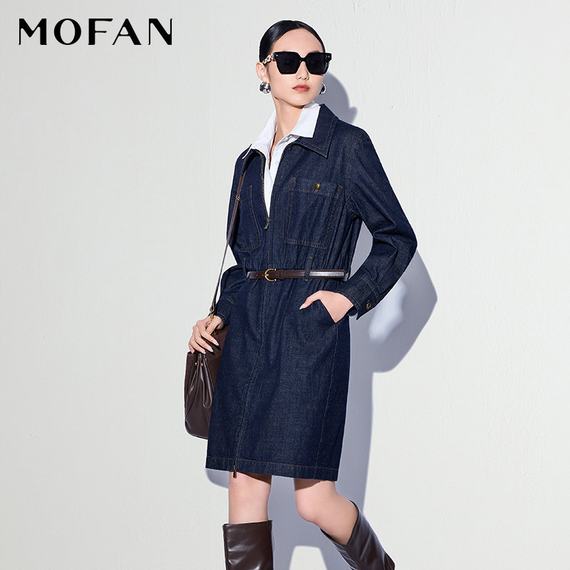 MOFAN复古气质翻领原色牛仔裙图片