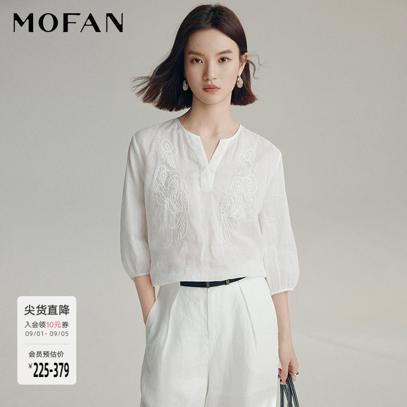 【商场同款】MOFAN摩凡夏新款优雅白色V领灯笼袖苎麻上衣女图片
