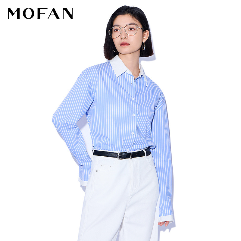 【商场同款】MOFAN摩凡2025秋款朗讯白翻领条纹衬衫女设计感衬衣