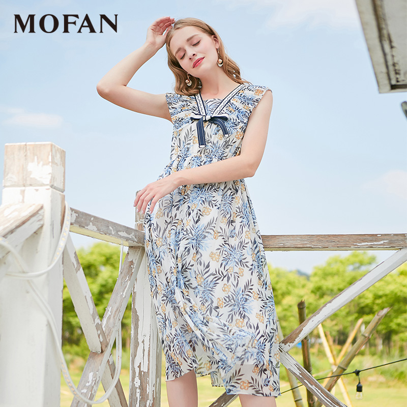 MOFAN摩凡2018夏秋新款商场同款中长款碎花连衣裙女方领高腰无袖