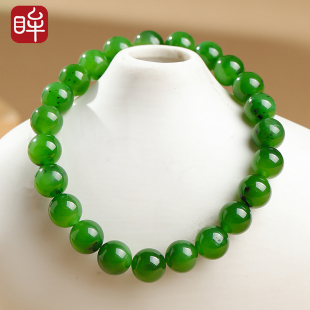 附证书 单圈手链 印象眸和田玉碧玉手串 菠菜绿圆珠情侣款