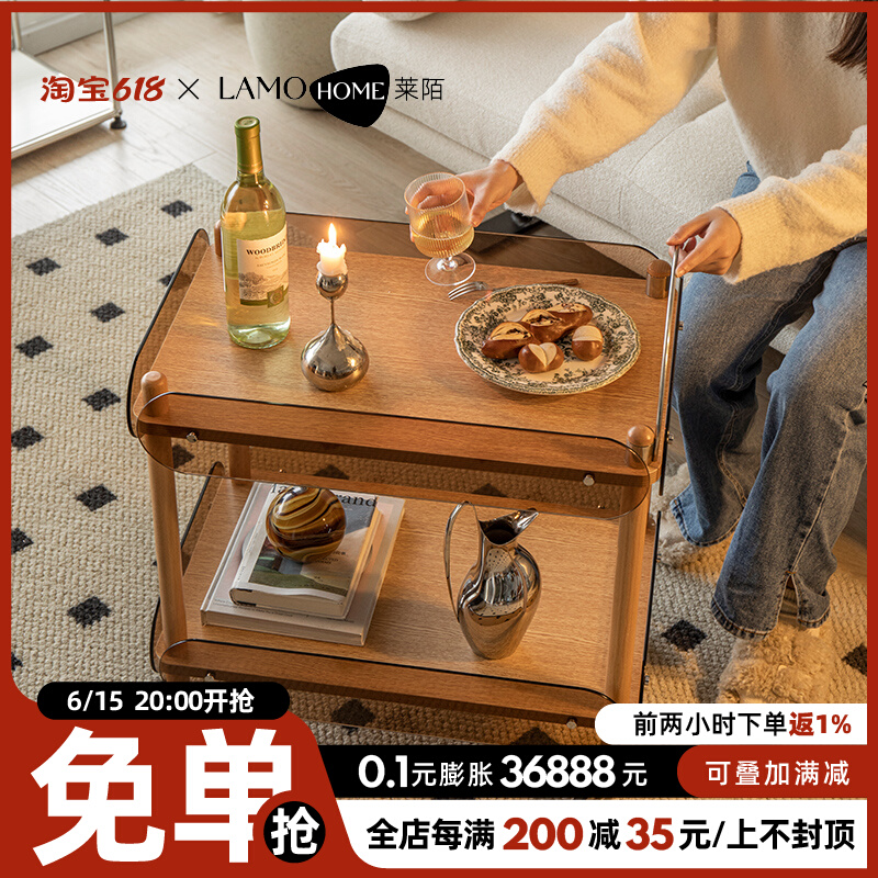北欧可移动茶几实木小推车家用小户型客厅置物双层收纳餐车边几