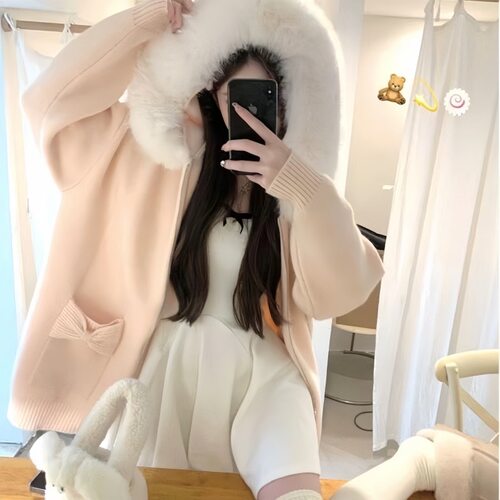美拉德毛领连帽长袖毛衣外套女冬季新款时尚洋气加厚保暖针织开衫