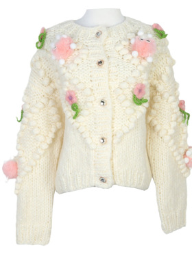 2024秋冬新款女装花朵卡通长袖圆领宽松时尚洋气针织毛衣手工外套