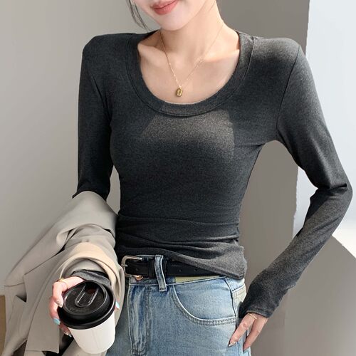 H256圆领打底衫女春秋冬款内搭外穿修身显瘦百搭纯色长袖T恤上衣