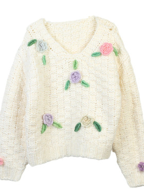 韩版2023秋冬新款女装撞色花朵圆领套头长袖宽松厚款针织上衣现货