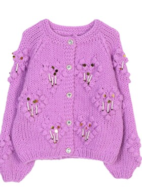 洋气紫色毛衣女式开衫圆领钉珠手勾毛球毛衣慵懒风秋冬新款毛衣女