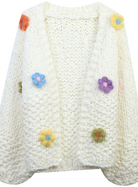 软糯毛衣上衣2023春季新款棒针手勾花朵宽松慵懒白色针织开衫外套