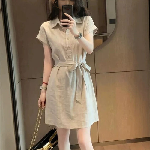 夏季新款韩式休闲风翻领短袖衬衫裙女装收腰A字连衣裙高级感T恤裙