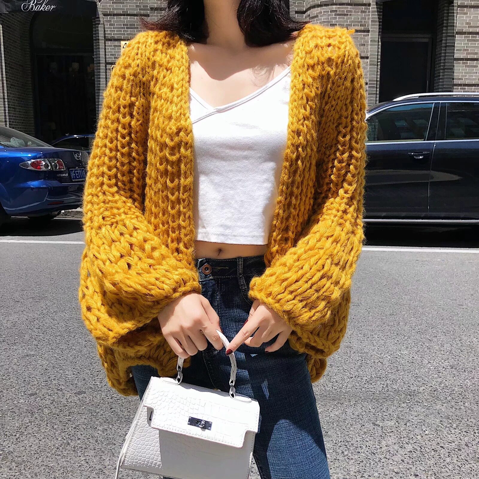 秋冬新款女装毛衣欧美风手工棒针纯色简约镂空针织毛衣开衫外套