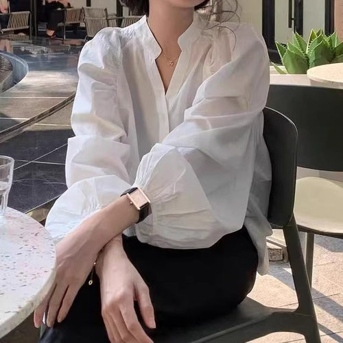 泡泡袖衬衫女设计感立领灯笼袖法式上衣简约时尚通勤长袖衬衣